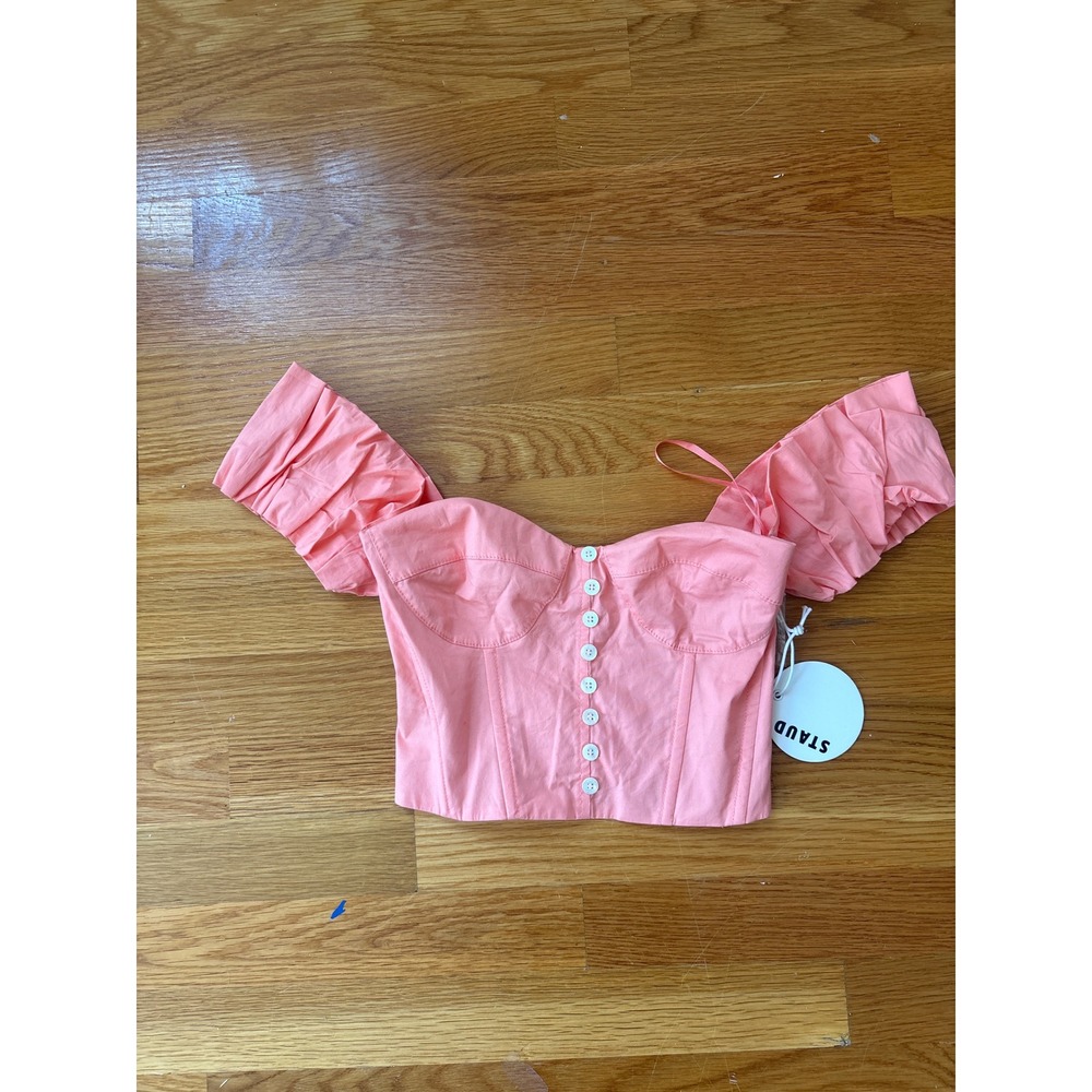 STAUD Coral Pink Ruched Off Shoulder Corset Crop Top Sweetheart XS NWT